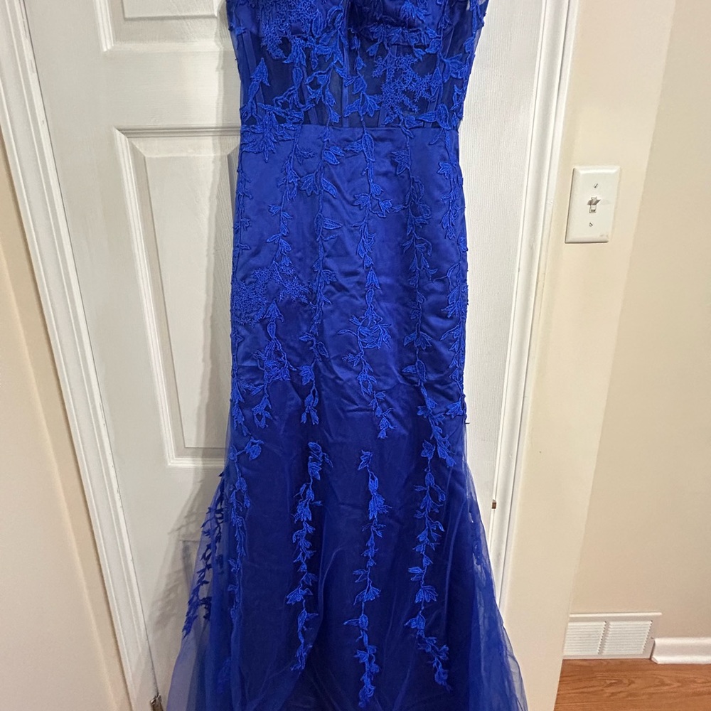 Tulle Lace Appliques Prom Dress, Long Mermaid Strapless Ball Gown Evening Dress